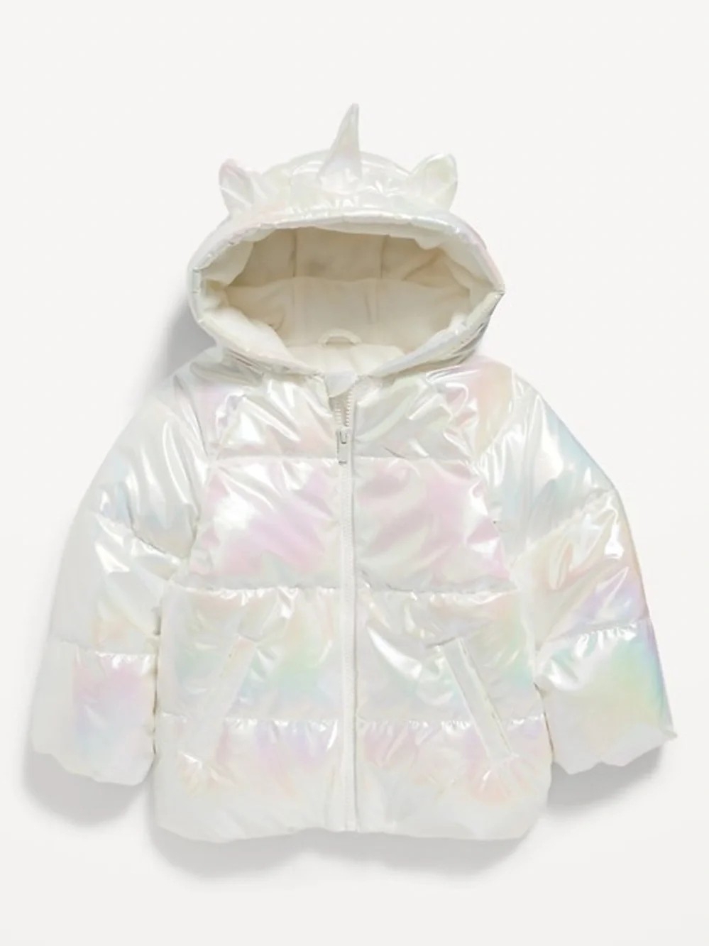 Old Navy Girls White Iridescent Unicorn Hooded Puffer Jacket  Size 5T Like New